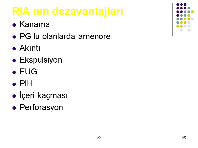 AÖ 150 RIA nın dezavantajları Kanama PG lu olanlarda amenore Akıntı Ekspulsiyon EUG PIH